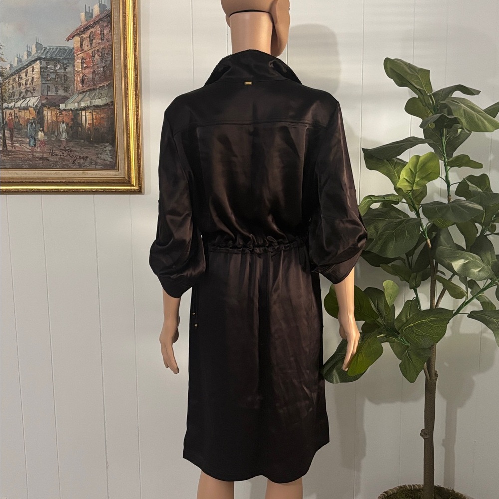 St. John Black Satin‎ Button Down 3/4 sleeves Midi Dress Size 10 - Picture 2 of 16
